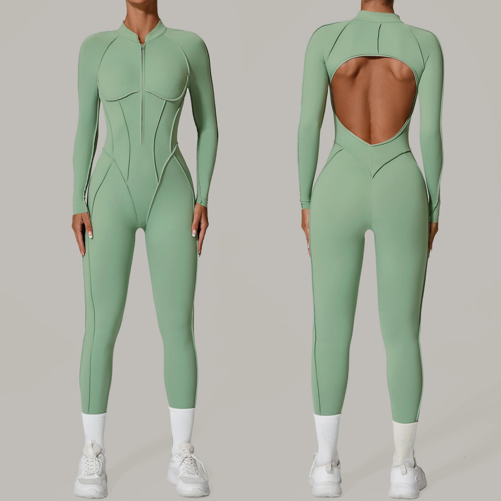 Women's Long Sleeve Zip Front Back Cutout Workout Jumpsuit