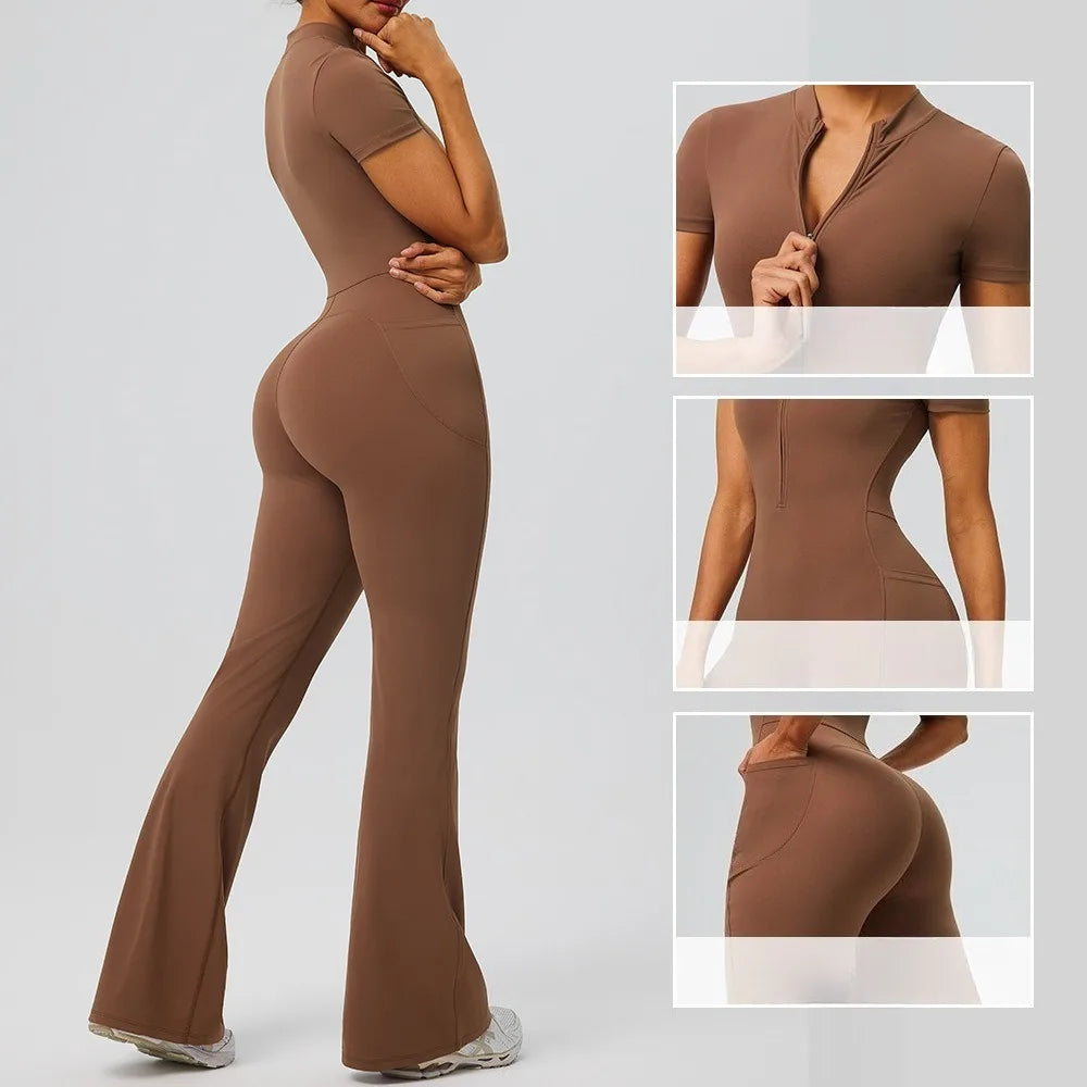Women's Short Sleeve Nylon Blend Flared Workout Jumpsuit with Front Zip