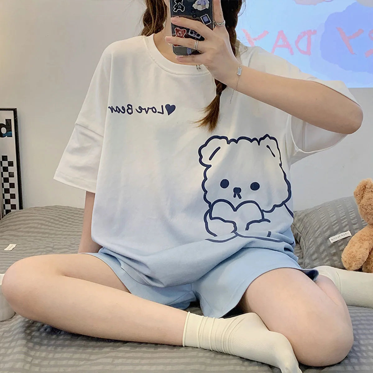 Women's Cartoon Print Short Sleeve Pajama Set with Top and Shorts