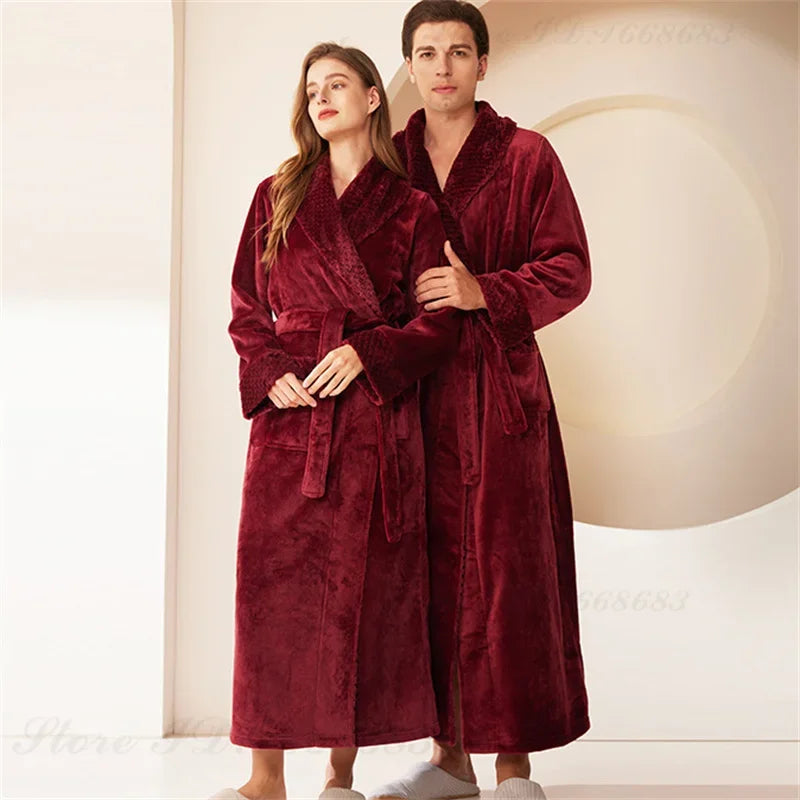 Long Flannel Fleece Tie Waist Bathrobe with Pockets
