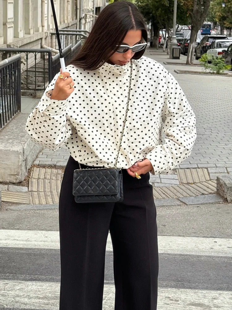 Women's Polyester Polka-Dot Long-Sleeve Zip-Front Collared Jacket with Pockets for Casual Outfits