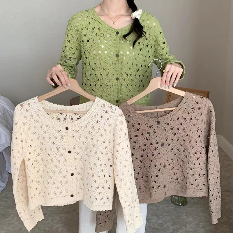 Women's Open Knit Cropped Button Front Cardigan Casual Knit Layer