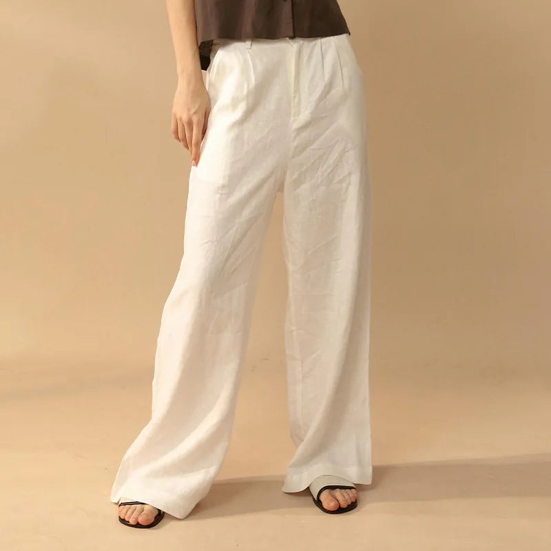 Women's Linen Loose Wide-Leg Pants with Button Fly and Practical Side Pockets