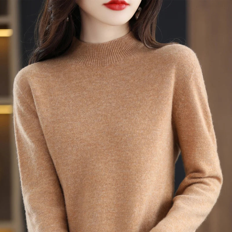 Women's Plain Mock Neck Long Sleeve Sweater Casual Knit Layer