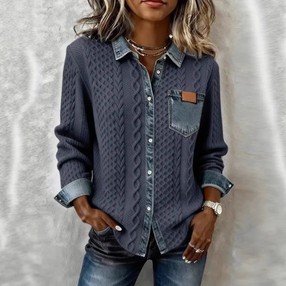 Women's Cable Knit Cardigan with Denim Look Panels