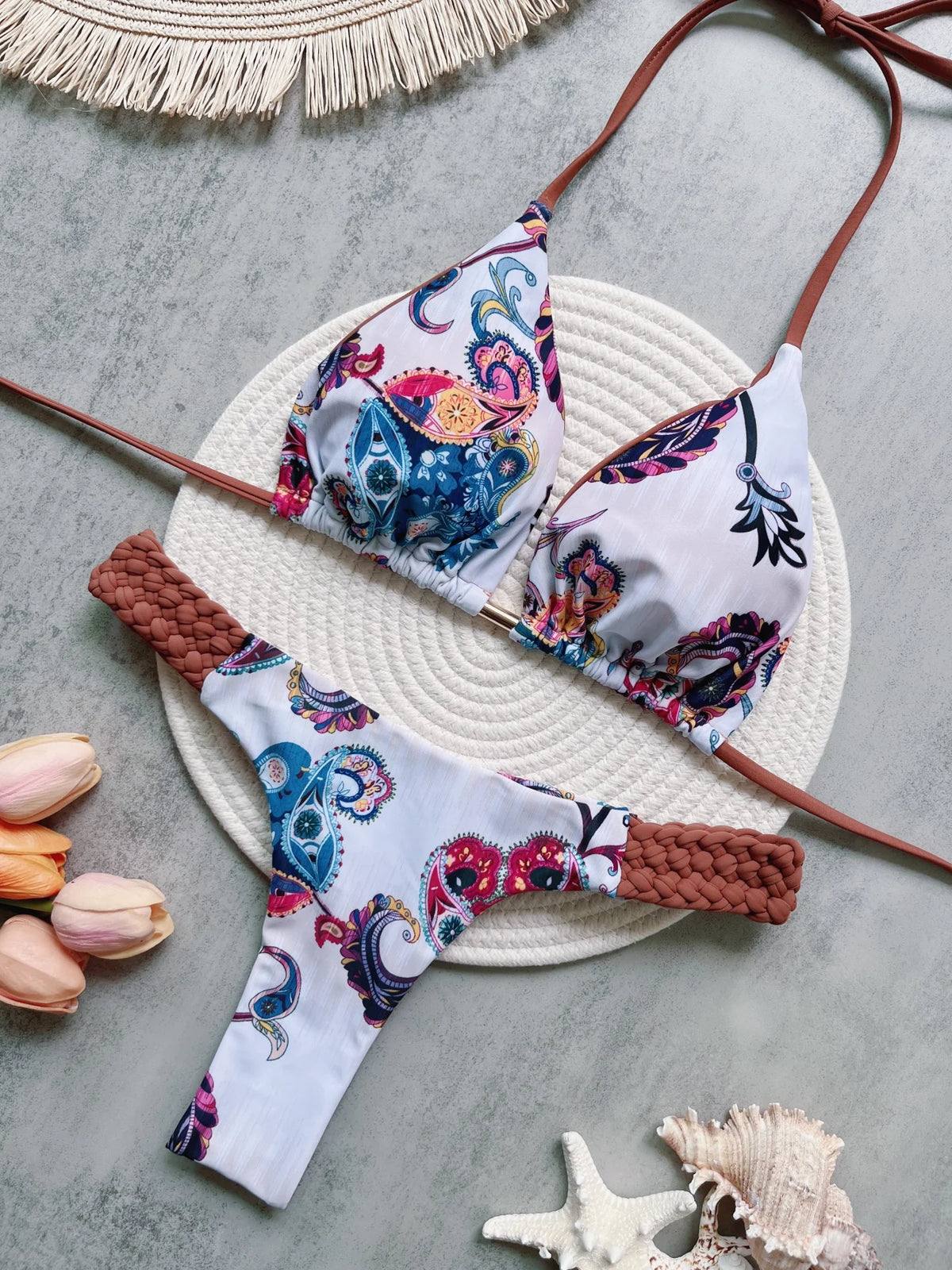 Printed Halter Thong Bikini