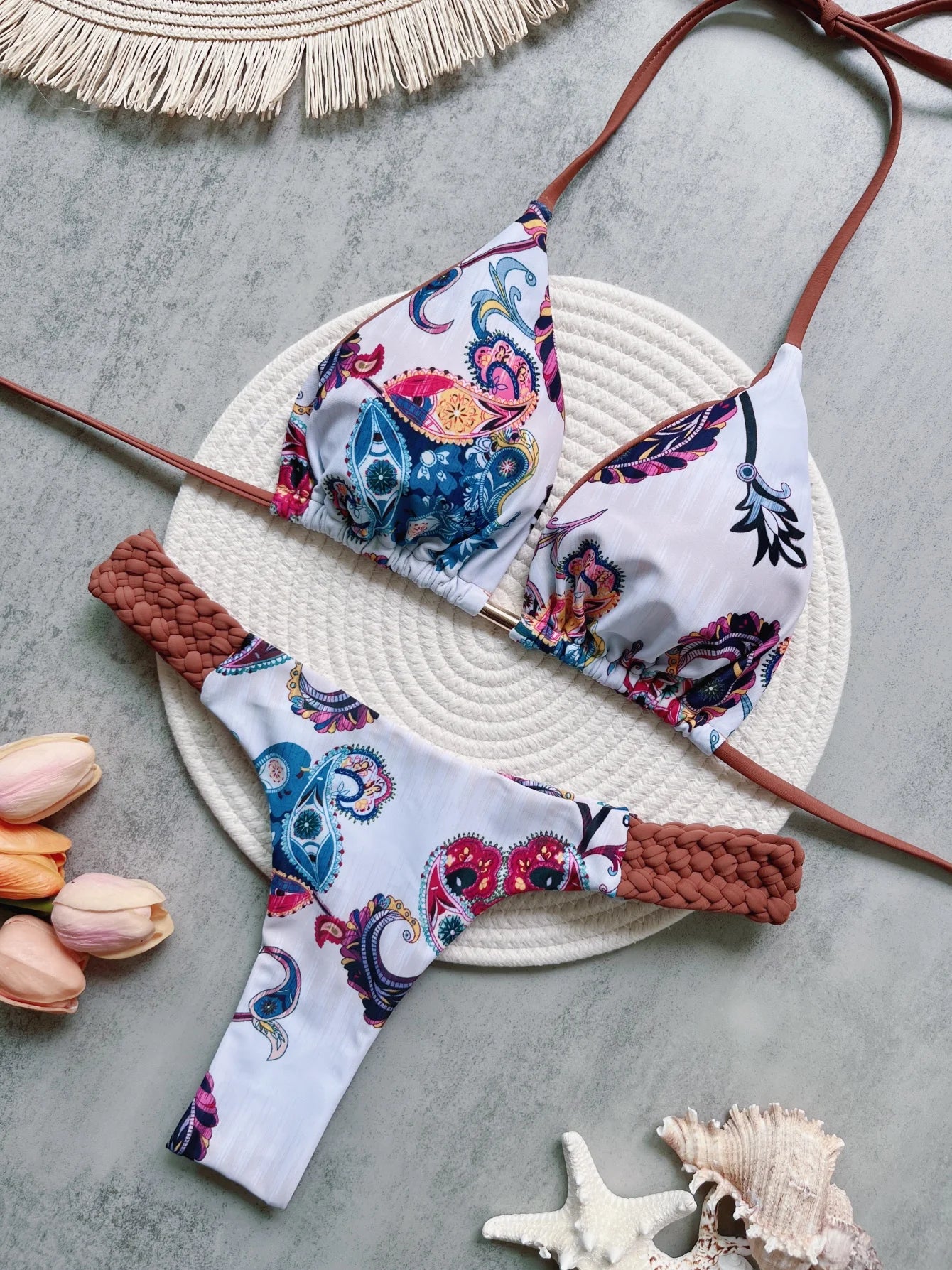 Printed Halter Thong Bikini