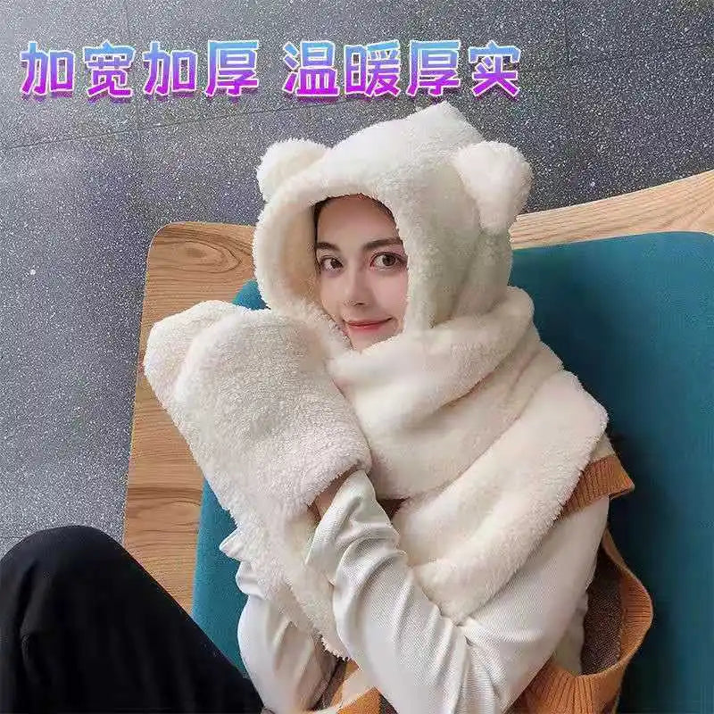 Teddy Bear Plush Hooded Hat Scarf and Gloves Integrated Winter Set