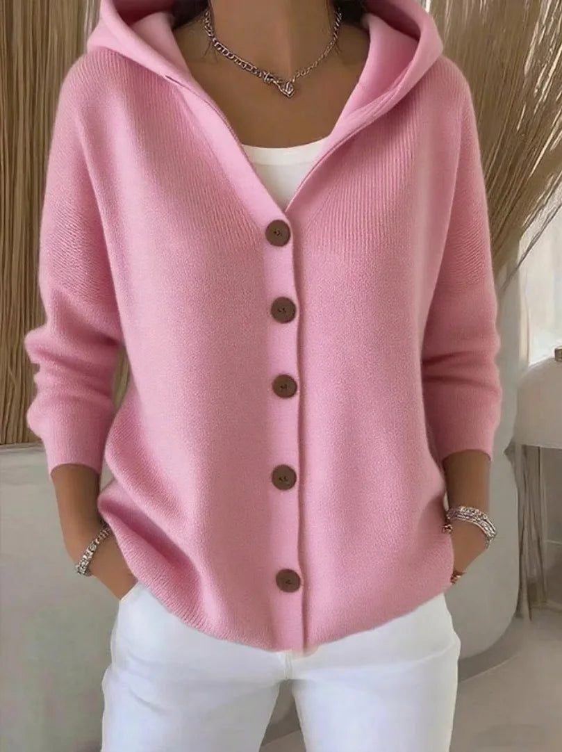Women's Hooded Button Front Cardigan Casual Knit Layer