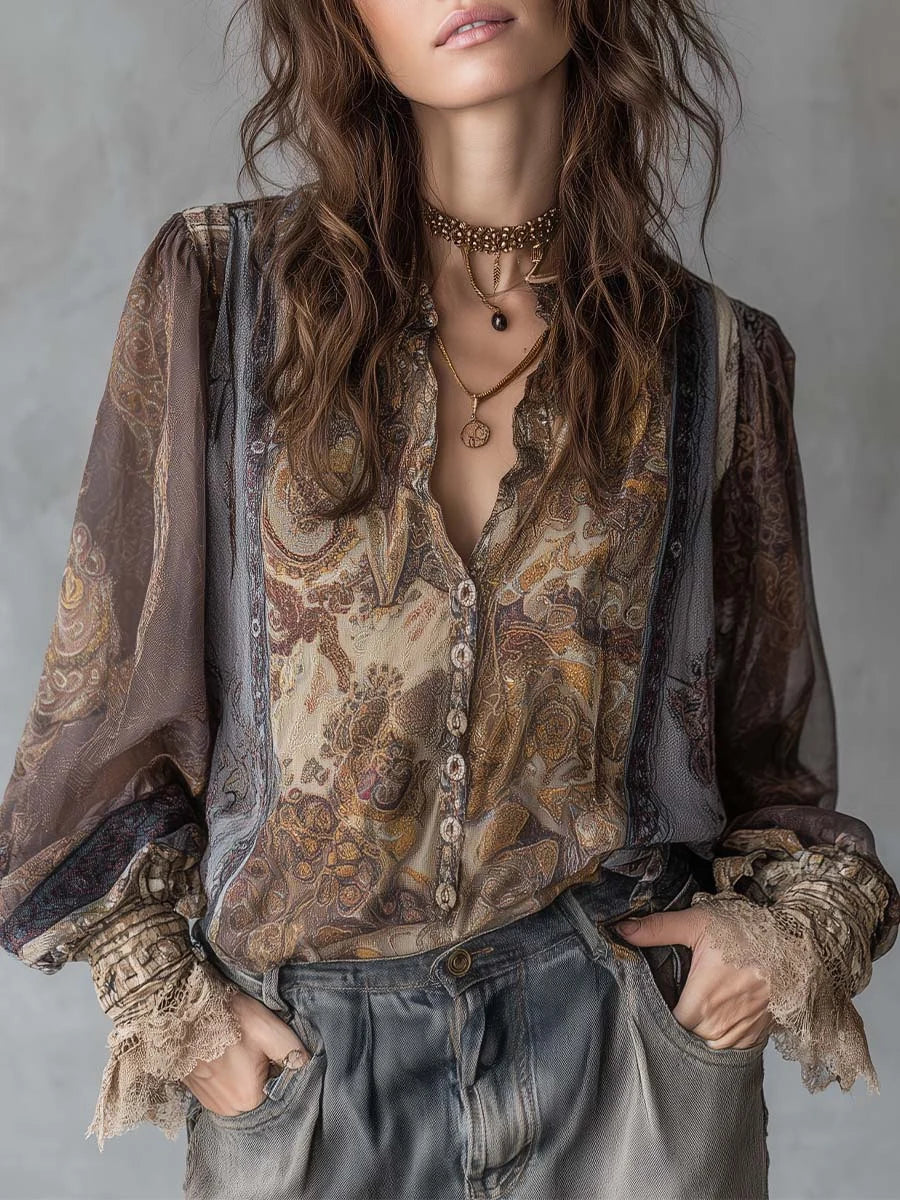 Women's Paisley Print Lace Trim Long Sleeve Blouse