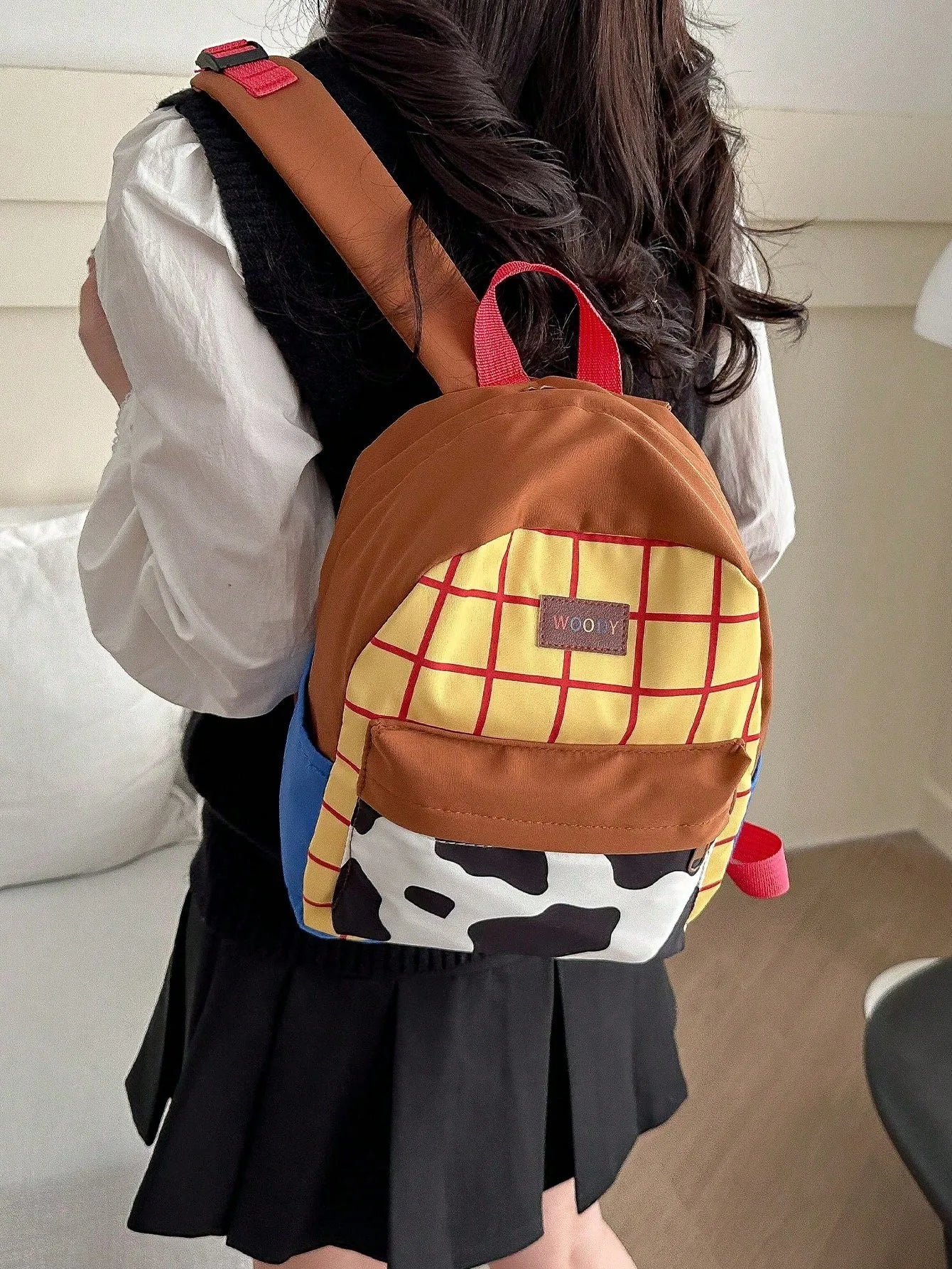 Women's Cow Print Mini Backpack with Front Cord and Side Pockets