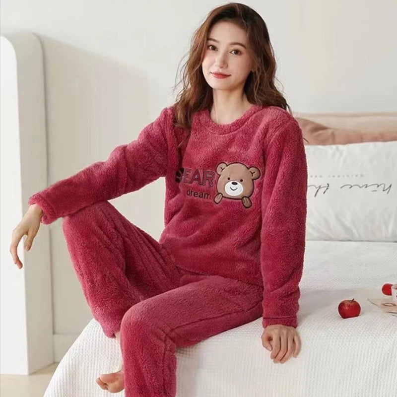 Women's Bear Print Long Sleeve Pajama Set with Top and Pants