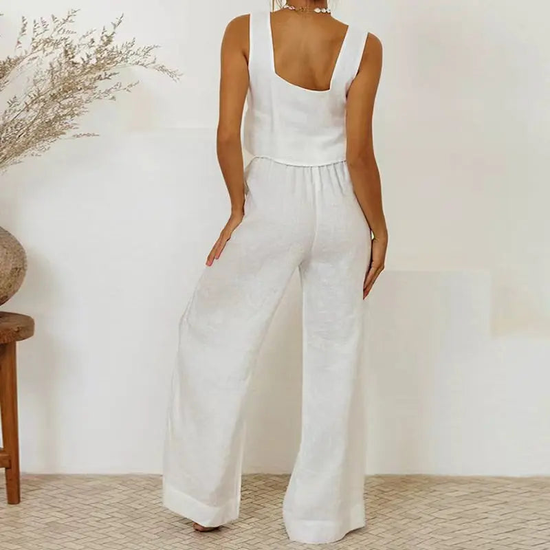 Women's Linen-Lyocell High-Waist Wide-Leg Pants with Elastic Tie Waist and Side Pockets