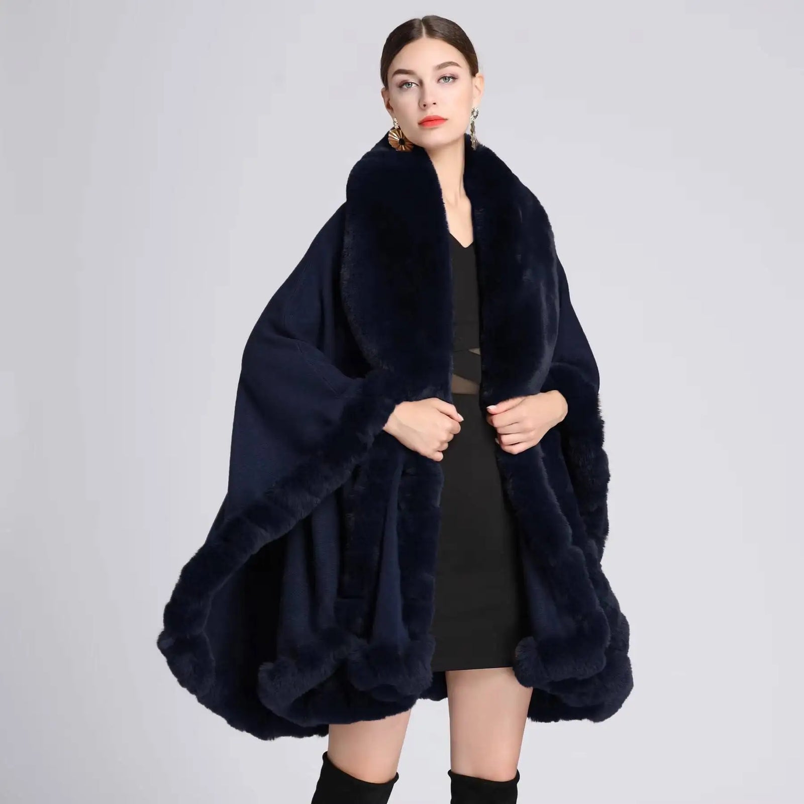 Plush Trim Open Front Cape for Layering over Outfits
