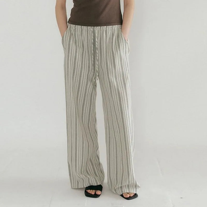 Women's Striped Loose Straight-Leg Pants with Drawstring Waist and Practical Side Pockets