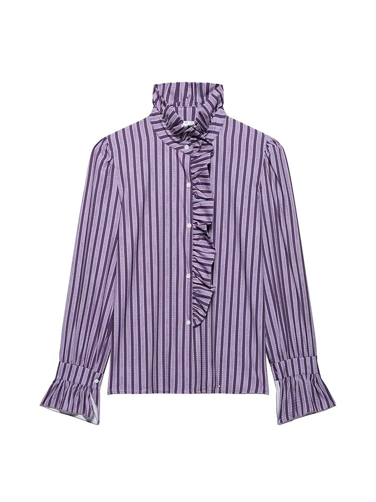 Women's Ruffled Stand Collar Long Sleeve Patterned Shirt
