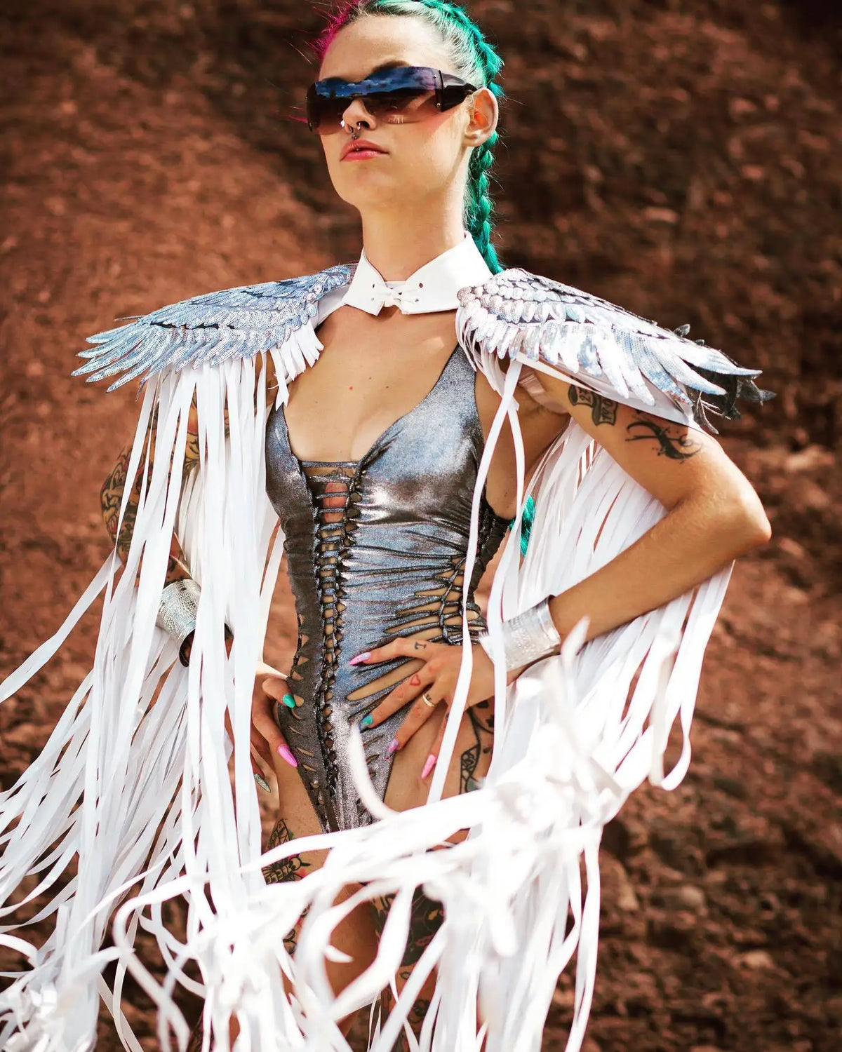 Metallic Wing Fringe Cape for Stage and Costume Layering