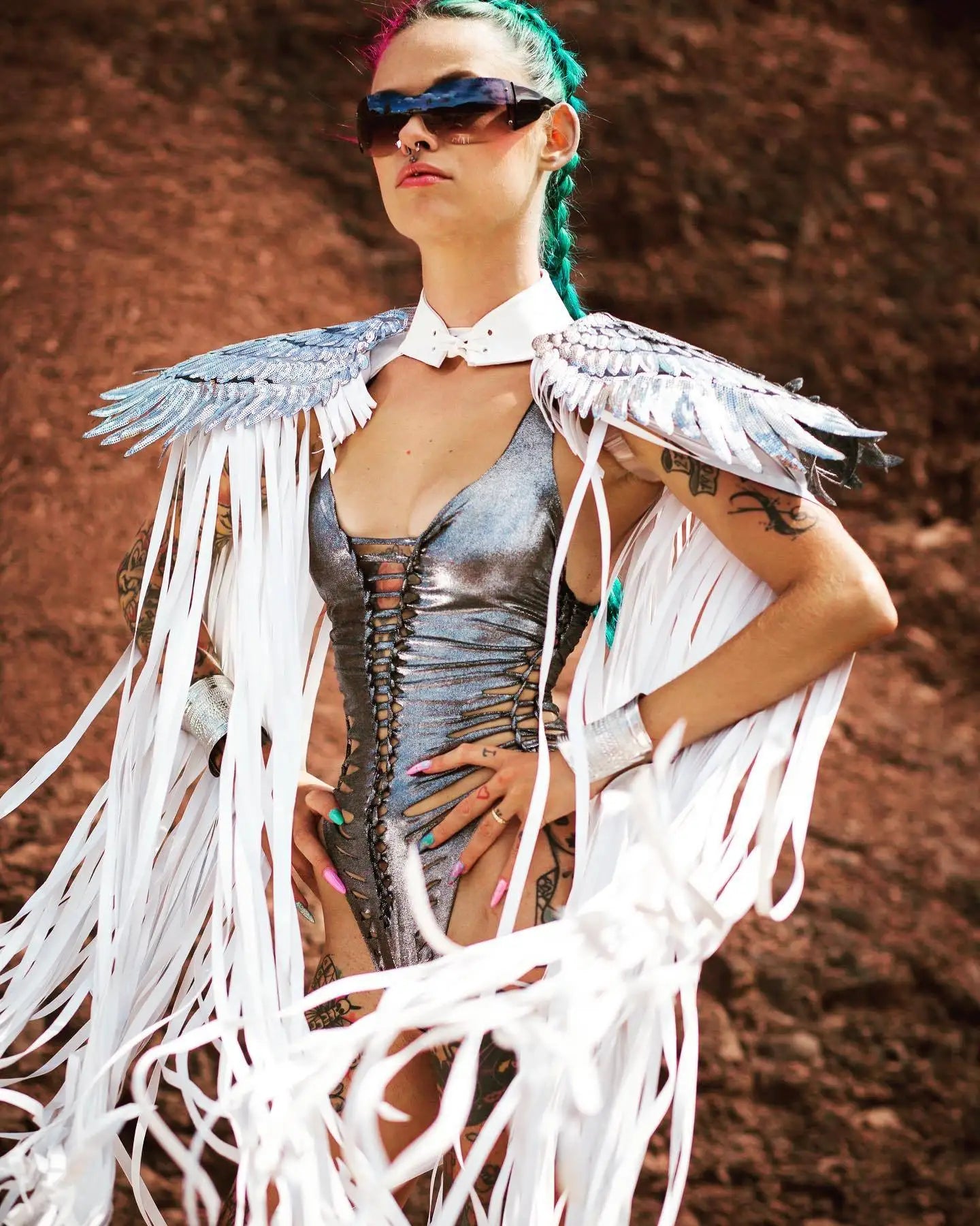 Metallic Wing Fringe Cape for Stage and Costume Layering