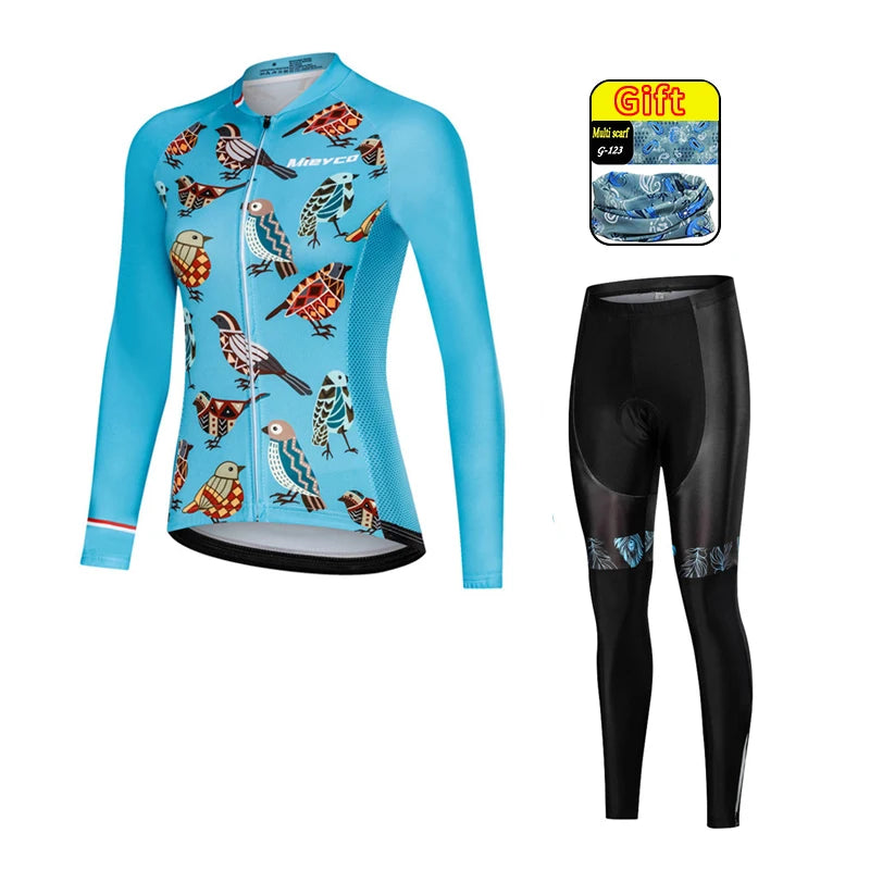 Women Long Sleeve Cycling Jersey Set MTB Bike Pants Kit Breathable Sportswear