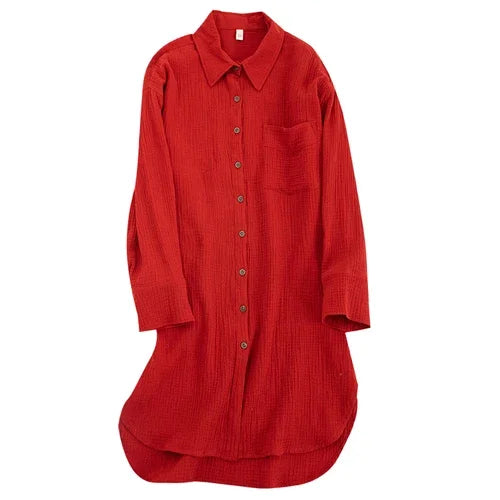 Women's Cotton Long-Sleeve Collared Loose A-Line Mini Shirt Dress with Front Buttons