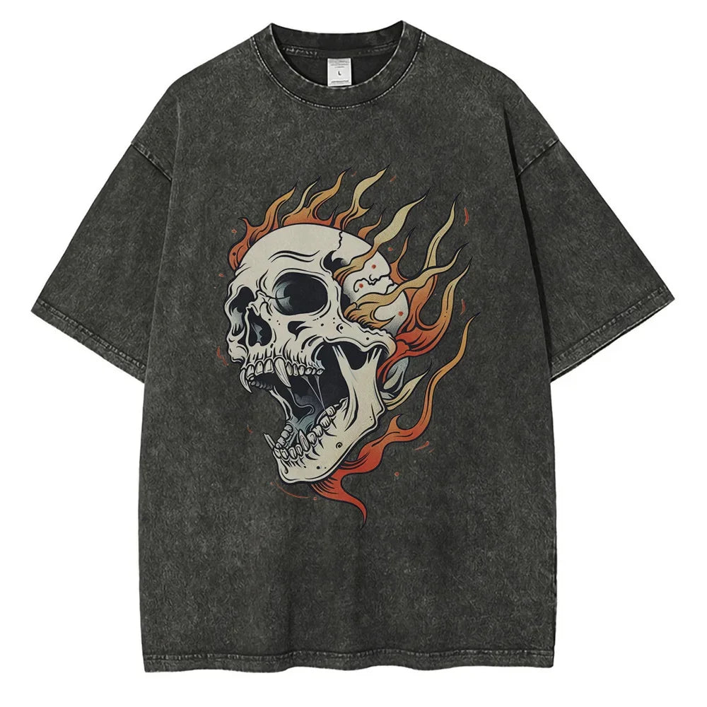 Men's Flame Skull Printed T-shirt Thick Cotton Washed T-shirt,Large Retro Top