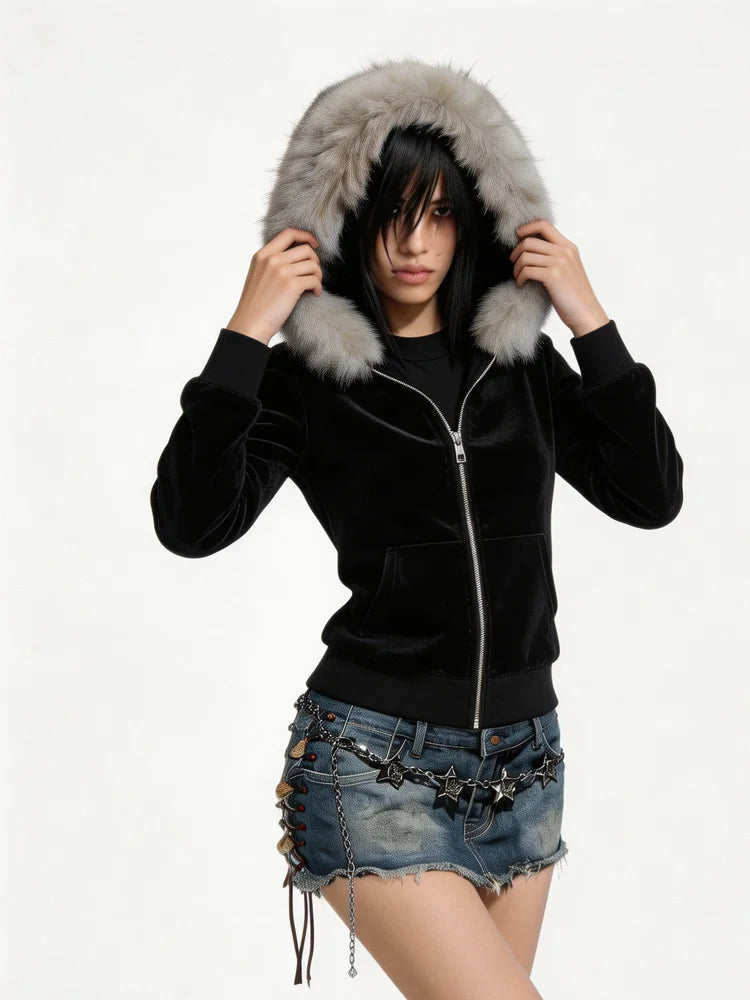 Fluffy Trim Long Sleeve Full Zip Casual Hoodie