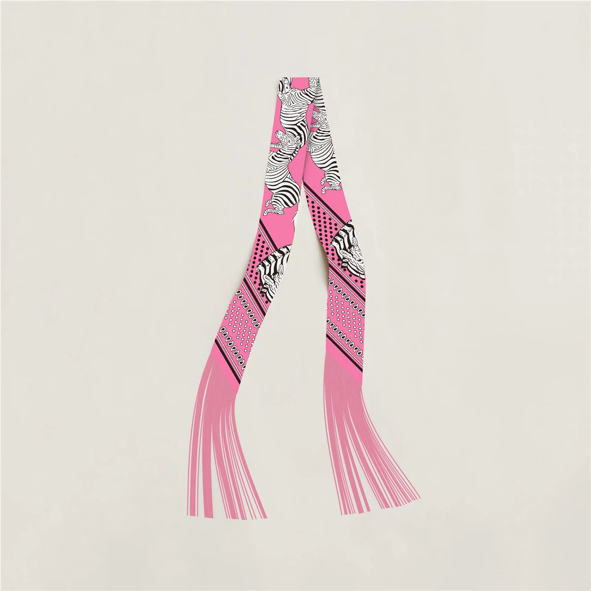 Printed Narrow Ribbon Scarf with Decorative Fringed Ends