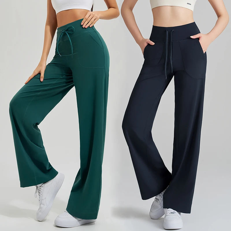 Women's Drawstring Waist Nylon Blend Wide Leg Workout Pants with Pockets