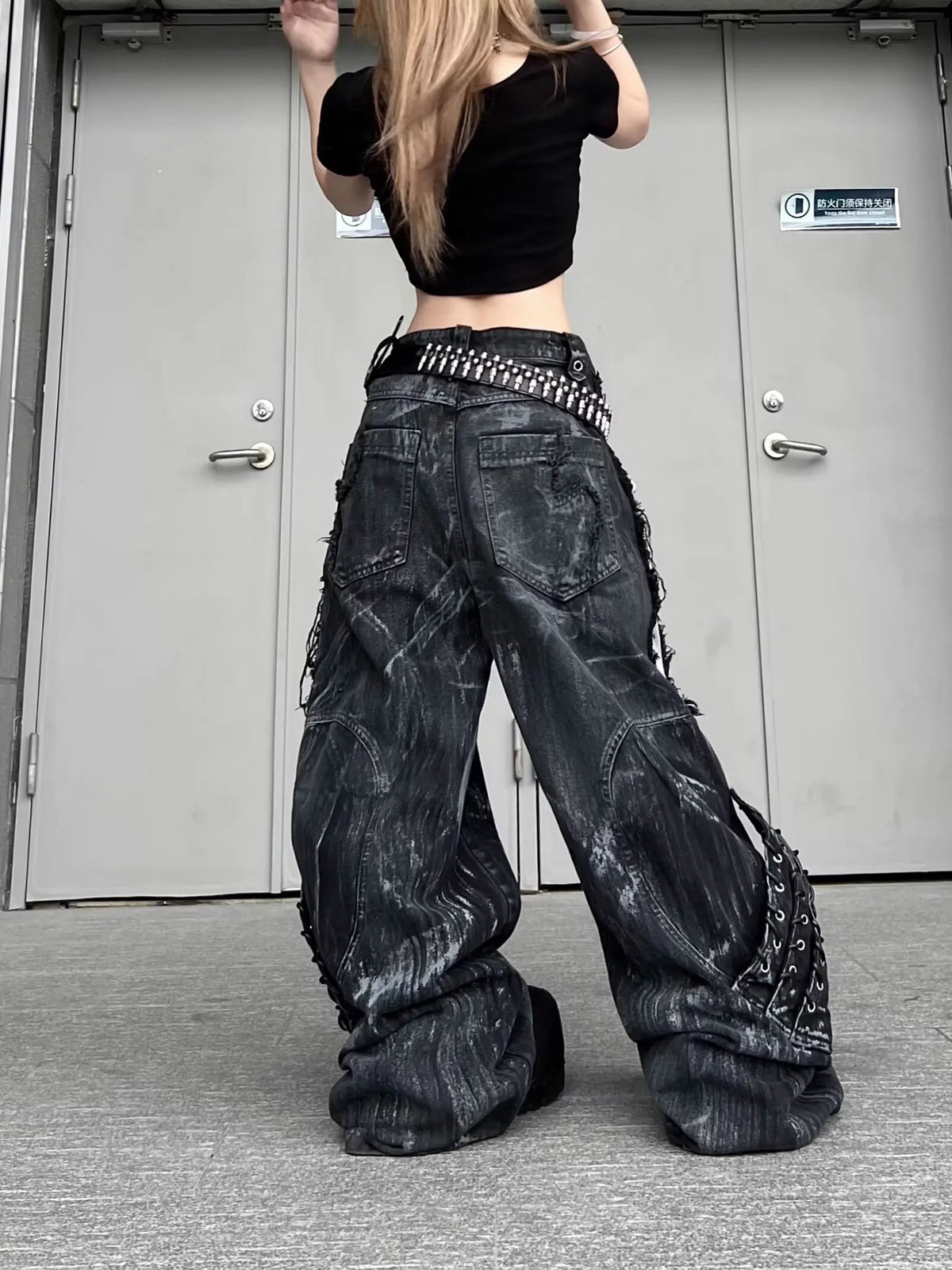 Women's Wide Leg Jeans with Distressed Patchwork and Washed Finish