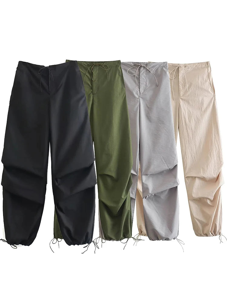 Women's Parachute Cargo Pants with Drawstring Waist and Adjustable Cuffs