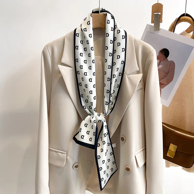 Printed Long Narrow Scarf with Decorative Ribbon Shape
