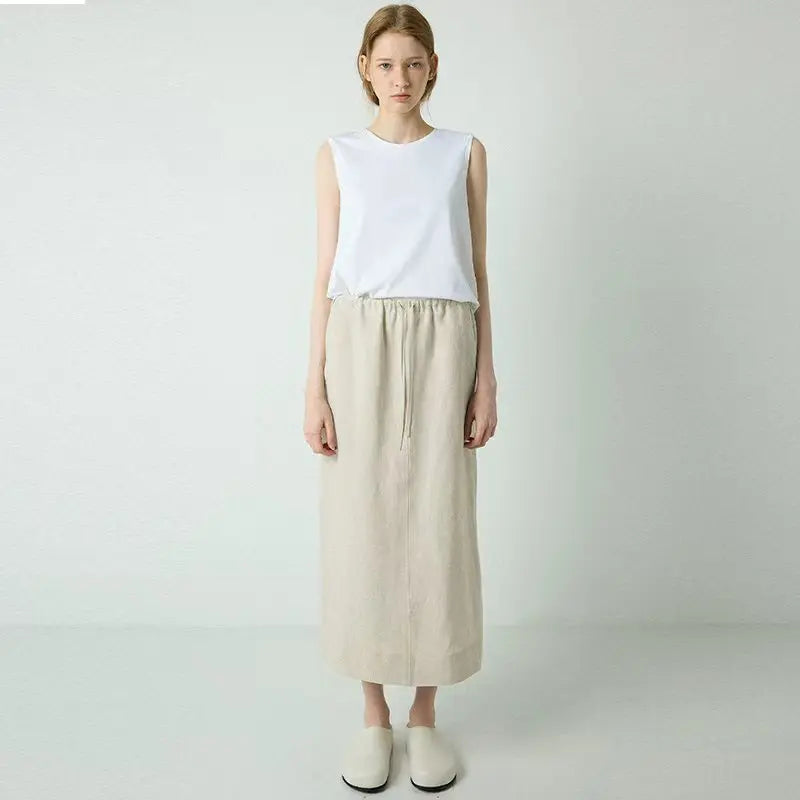 Women's Linen Straight Midi Skirt with Pockets for Casual Summer Everyday Outfits