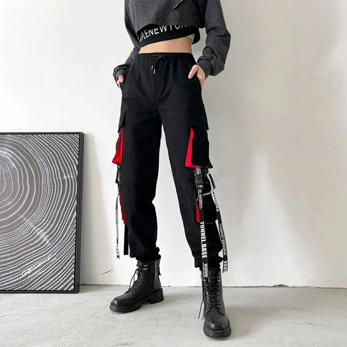 Women's Black Cargo Joggers with Printed Straps and Side Pockets
