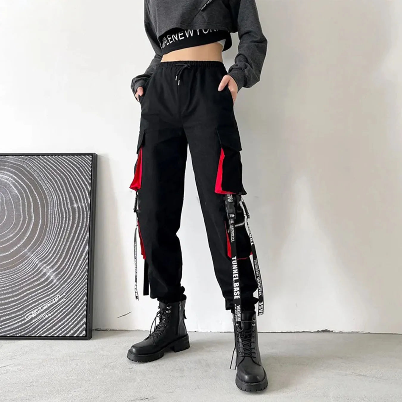 Women's Black Cargo Joggers with Printed Straps and Side Pockets