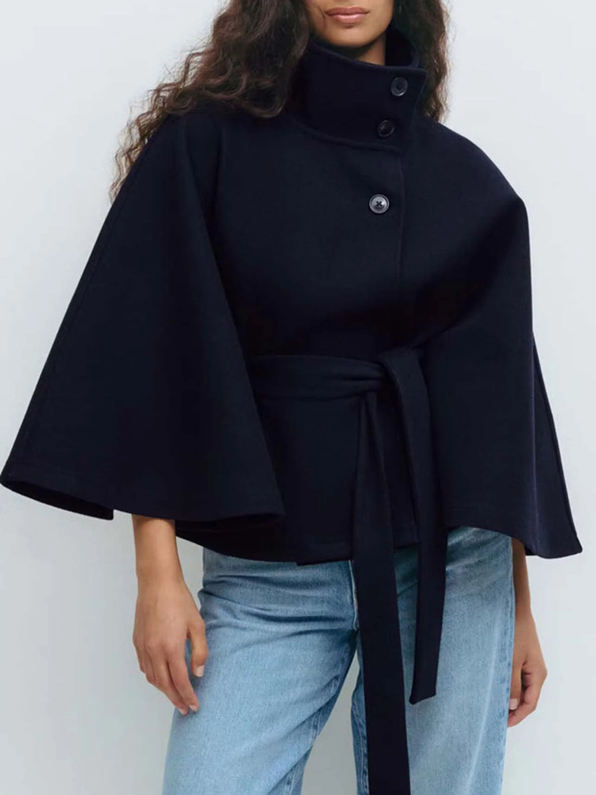 Belted Stand Collar Cape for Layering over Outfits