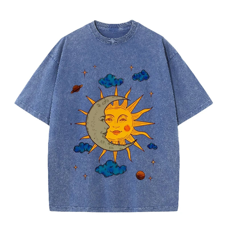 Men's Moon and Sun Printed T-shirt Oversized Short Sleeved Retro Washed Shirt Summer Top