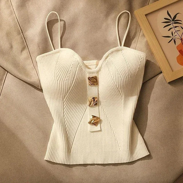Women's Ribbed Cotton Camisole with Sweetheart Neck and Gold Tone Buttons