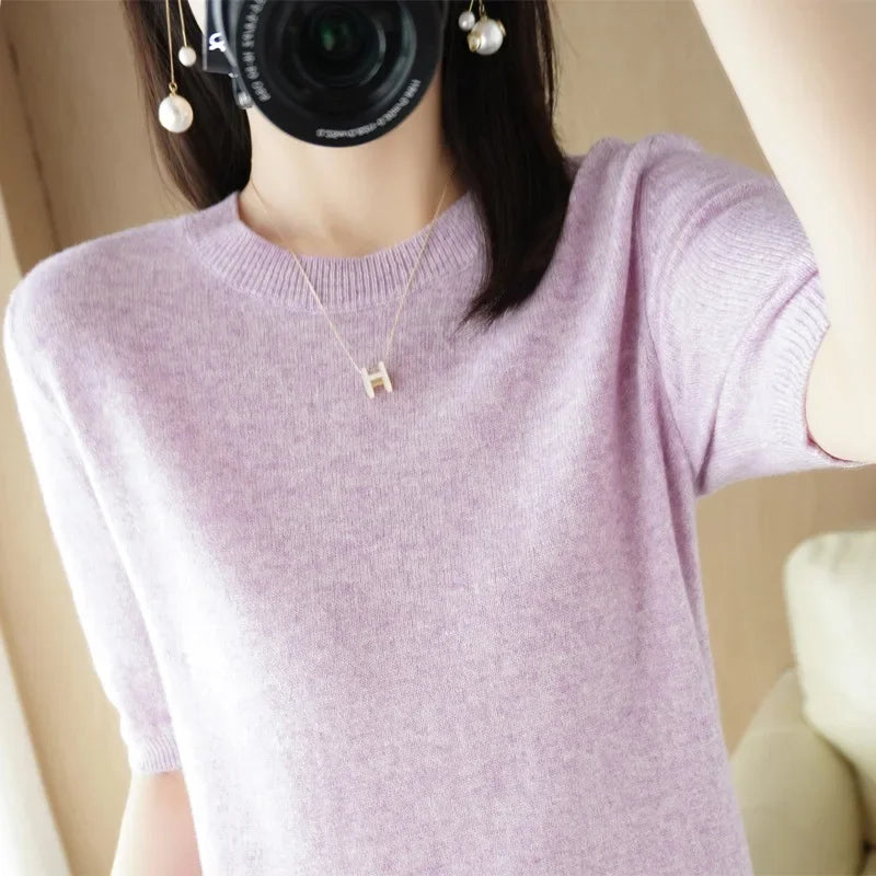 Women's Crew Neck Short Sleeve Sweater Casual Knit Layer