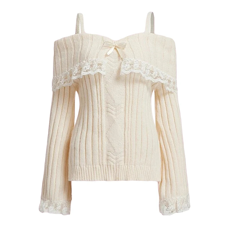 Women's Lace-Trim Long-Sleeve Slash-Neck Knit Pullover Sweater for Casual Autumn Layered Outfits