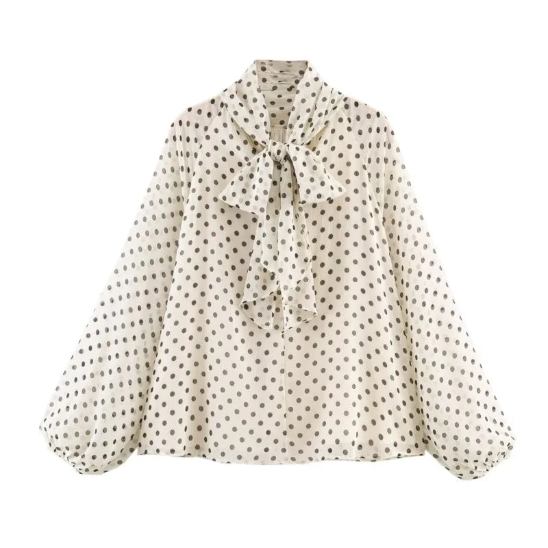 Women's Polyester Polka-Dot Long-Sleeve Regular-Fit Blouse for Everyday Casual and Office Outfits