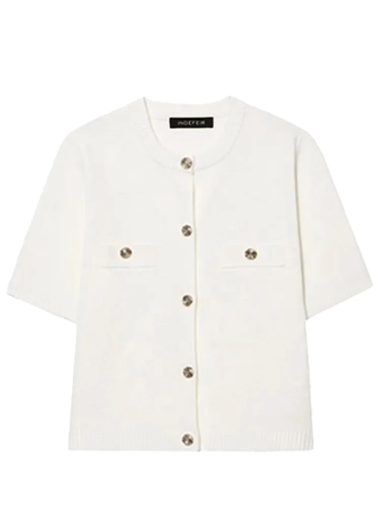 Women's Short Sleeve Chest Flap Button Front Cardigan