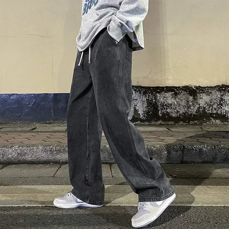 Men's Loose Straight-Leg Elastic-Waist Full-Length Jeans