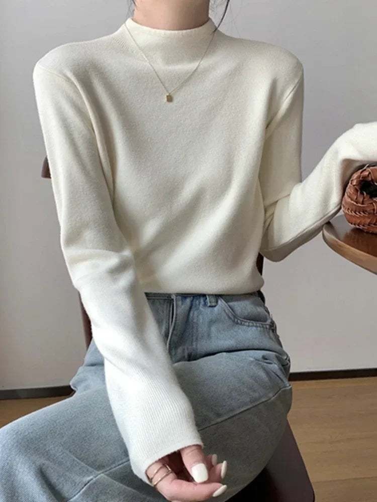 Women's Plain Mock Neck Knit Sweater Casual Knit Layer
