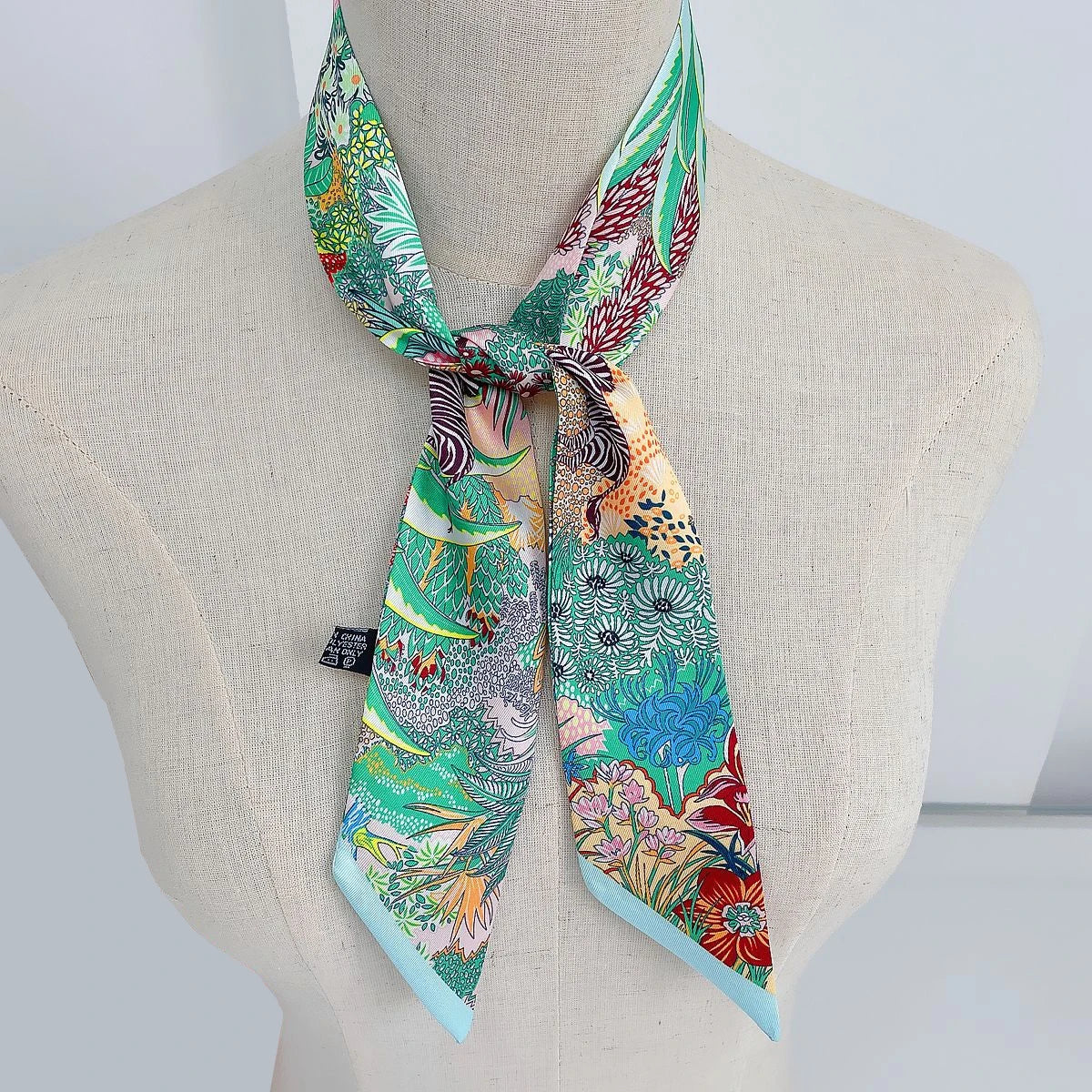 Colorful Printed Skinny Ribbon Scarf with Tie Ends