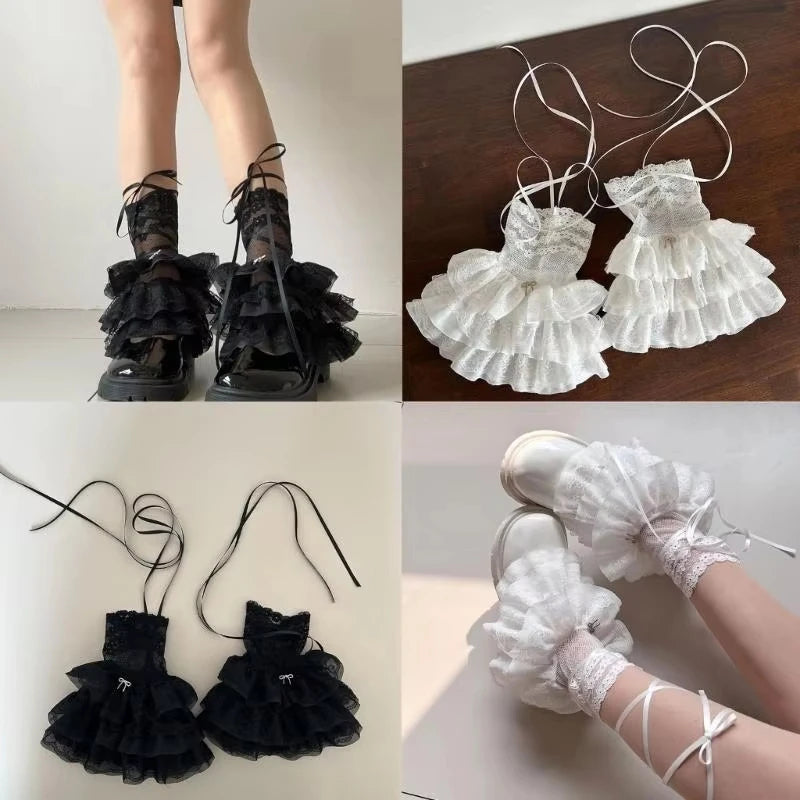 Ruffled Lace Ankle Leg Warmers with Ribbon Tie Details
