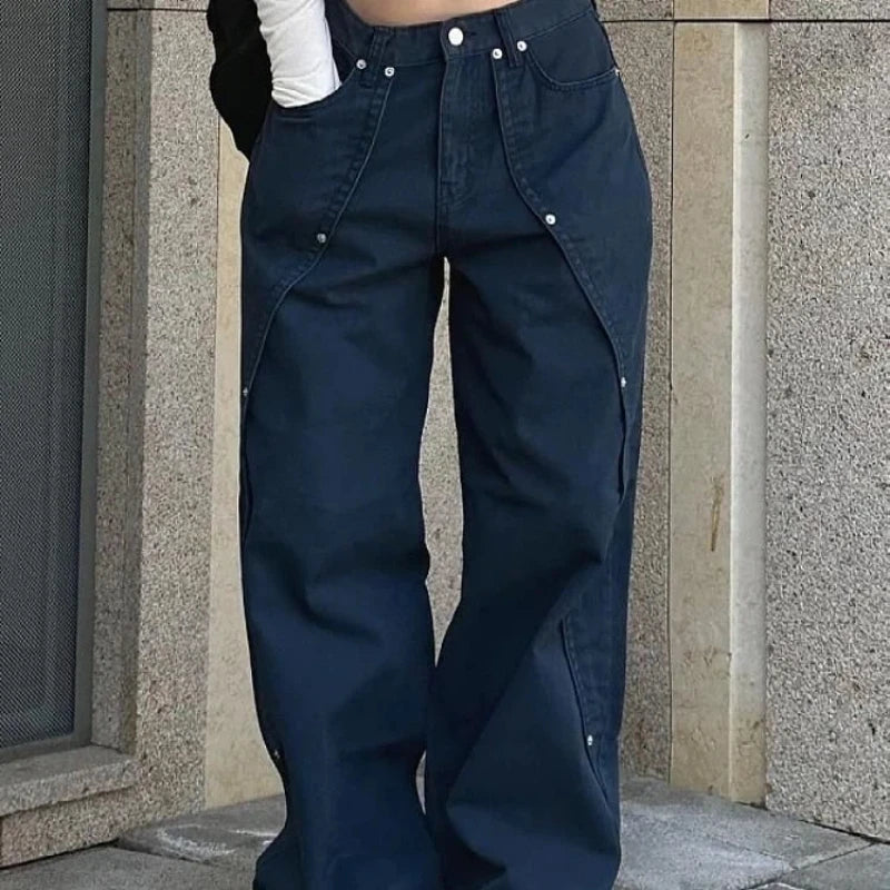 Women's Grommet Waist Black Wide Leg Denim Jeans