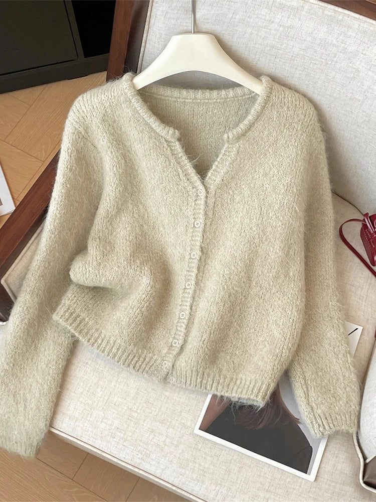Women's Fluffy V Neck Zip Front Cardigan Casual Knit Layer