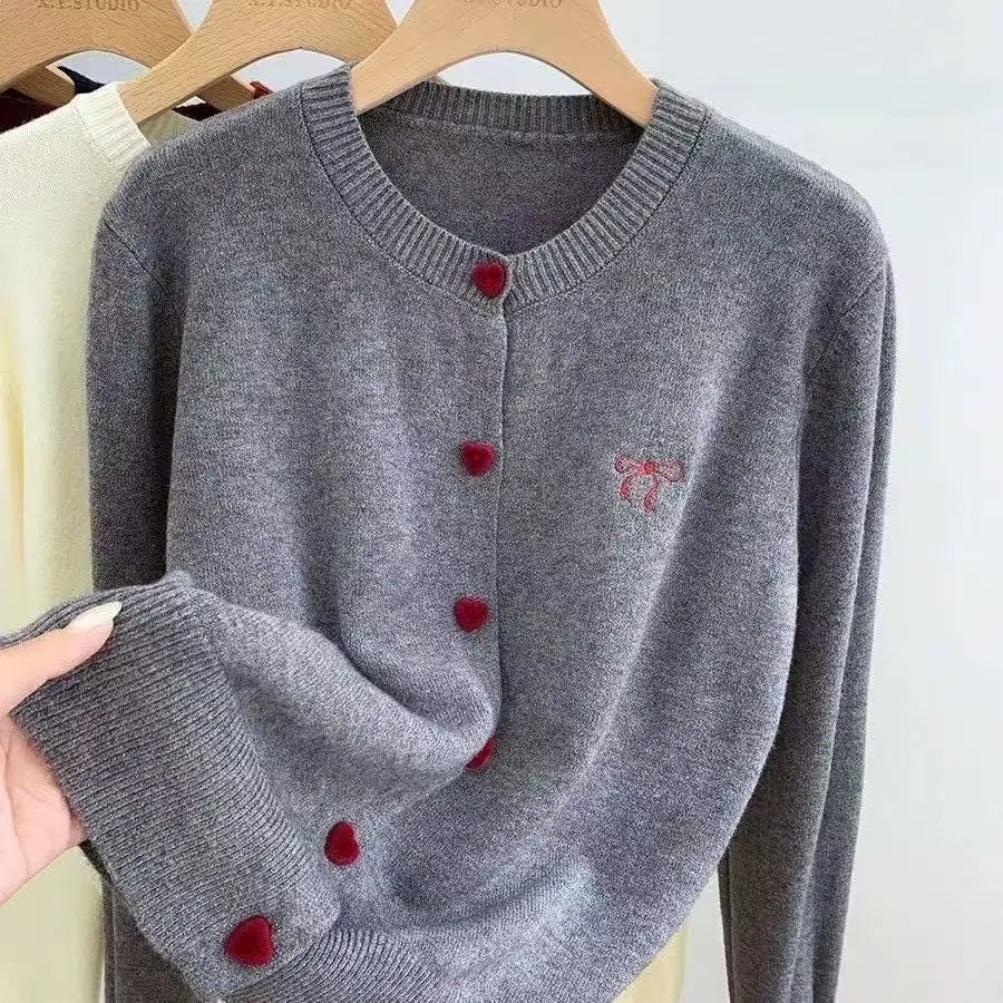 Women's Bow Embroidered Crew Neck Button Front Cardigan