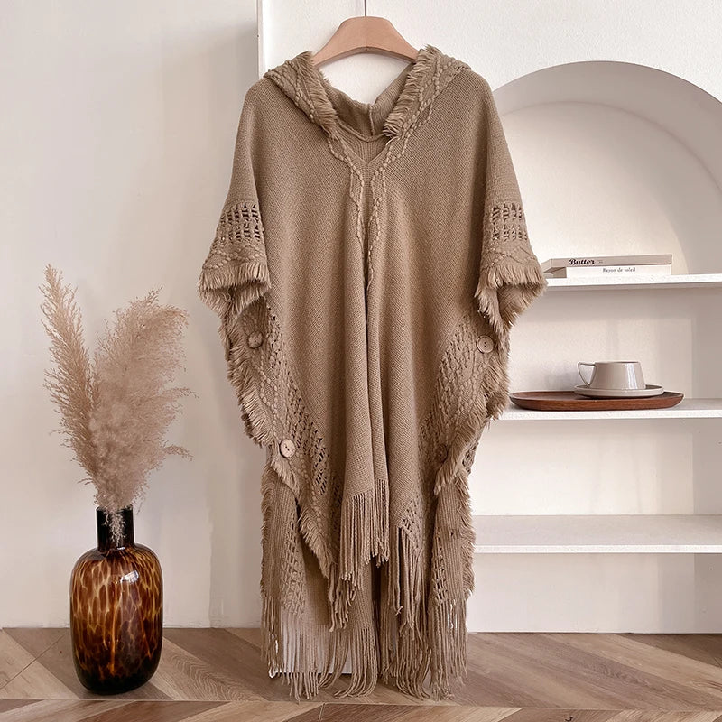 Hooded Crochet Fringe Poncho for Layering over Outfits