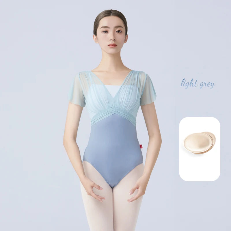 Women's Short Sleeve Ballet Leotard with Pleated Bodice and Contrast Panels